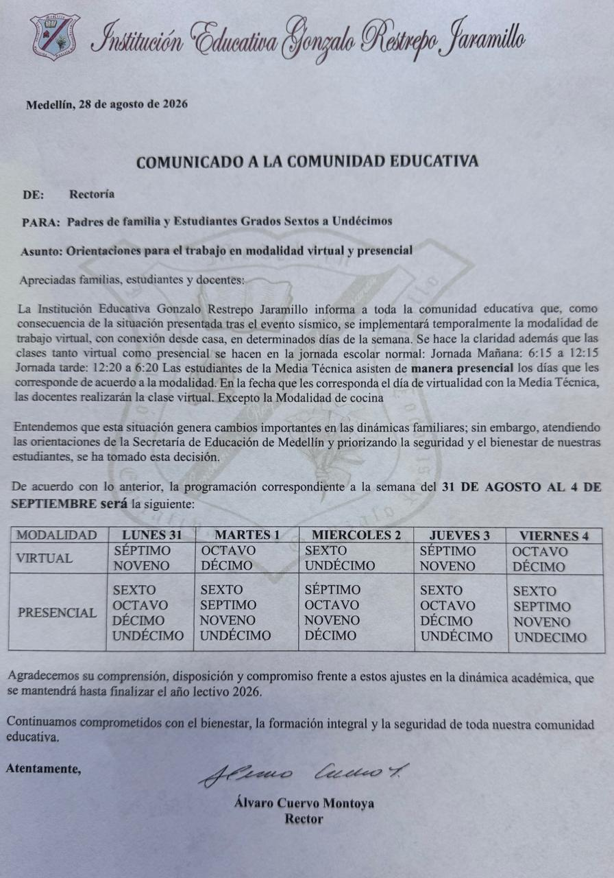 Cronograma para la semana del 31 de agosto al 4 de septiembre.